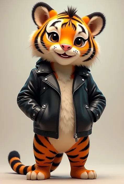 A tiger wearing a leather jacket stands on two legs,cute,smile,whole body,Alone