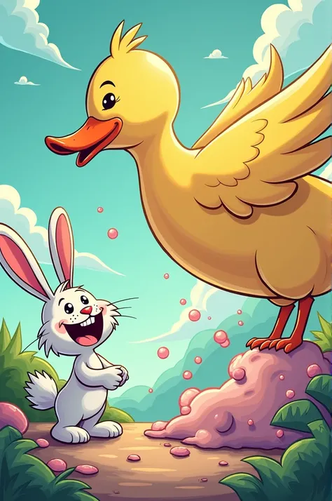 Benny the white rabbit.One bubble gum turns into a giant duck, making Benny laugh. Cartoon character