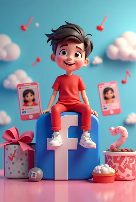 Create a 3D illustration of an animated character boy sitting casually on top of a social media logo facebook. The character boy  must wear a read shirt and pant, with white shoes. To the boys left, there is a smartphone that displays a Facebook profile an...