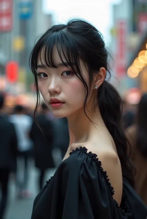 High resolution、One beautiful Japanese woman、Baby Face、Child-like face、Staring at me with a fleeting expression、Stylish、Model-like body、Natural makeup、Black Hair、Standing in a crowd in the city、Simple hairstyles