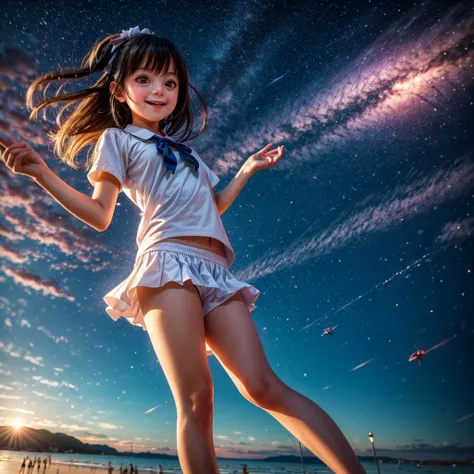 ((ExtremelyDetailed ( KAWAII Girl Floating:1.37) in WHITE at Dusk Enoshima Beach)), (masterpiece 8K TopQuality) (ProfessionalPhoto:1.37), {(Standing Full Body:1.2)|(from below:1.2)}, Different types of hair colors, {(White skinny(School Swimwear))|(SchoolU...