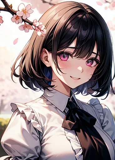 long髪、Pink Eyes、White blouse、Big Breasts、Black tie、cute、high resolution、{girl}{Black Hairlong}{high resolution}、smile、high resolution、Above chest camera、Big Breasts{high resolution、8k}、{Face close-up}{Beautiful bright}{Drooping eyes}{kindsmile}、{front}}{lo...