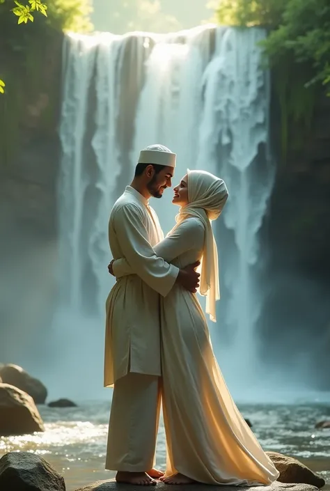 A muslim men and muslim women hugging and lifting in a water falls