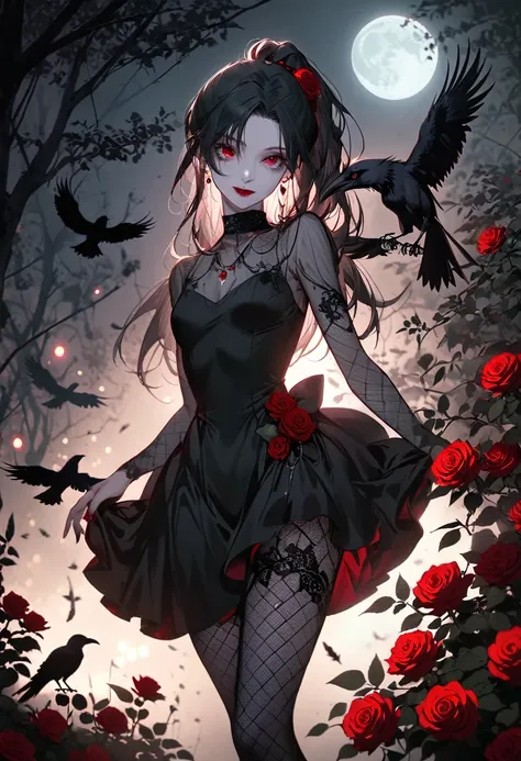 Sexy Goth Vampire Girl，In the rose garden at night，Beautiful and delicate eyes，Black straight ponytail with blue tip，Crows feathers，Red lipstick，Mysterious Smile，Pale complexion，Fishnet tights，Black lace dress，Pointed toes give off a sexy aura，The moonligh...