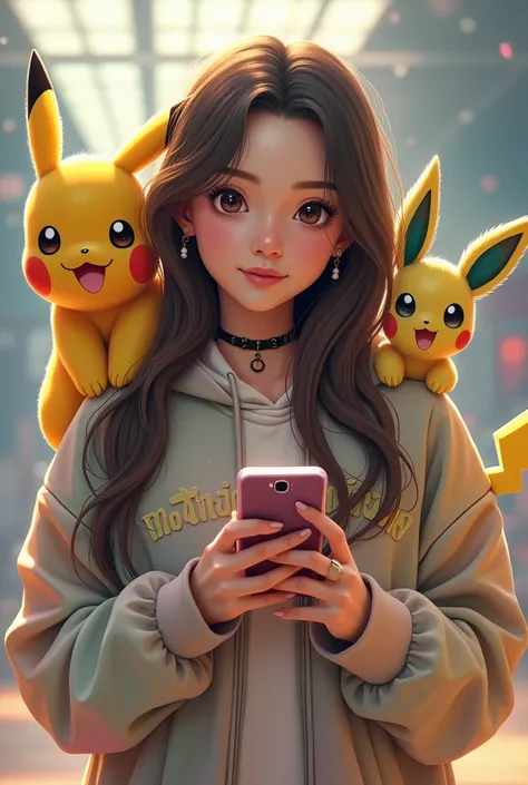  1 person, beautiful thai young woman&#25;s Center, brown hair, wearing long pastel hoodie with name ",mochiman" ,she is Holding,  Holding a smartphone looking to the viewer, pikachu, Showers, Jolteon and Bulbasaur on her shoulders, At the Pokémon Gym, Spe...