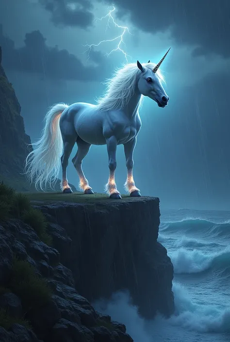 (photorealism:1.2), an ethereal majestic unicorn standing on a cliffs edge during a stormy night. The unicorn has a glowing, spiraled horn and a flowing mane that glows with an ethereal light, blending shades of silver and blue. Its white coat is sleek and...