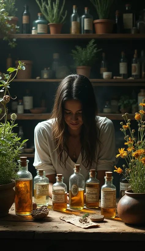 The image of medicinal plants and old bottles next to a person who seeks traditional ways of treatment.