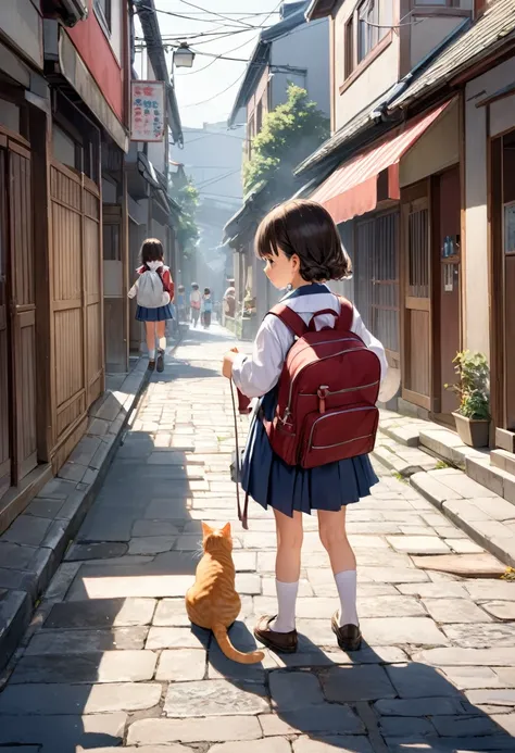 Showa era　Shopping Street　A primary school student with a backpack playing with a cat on the street