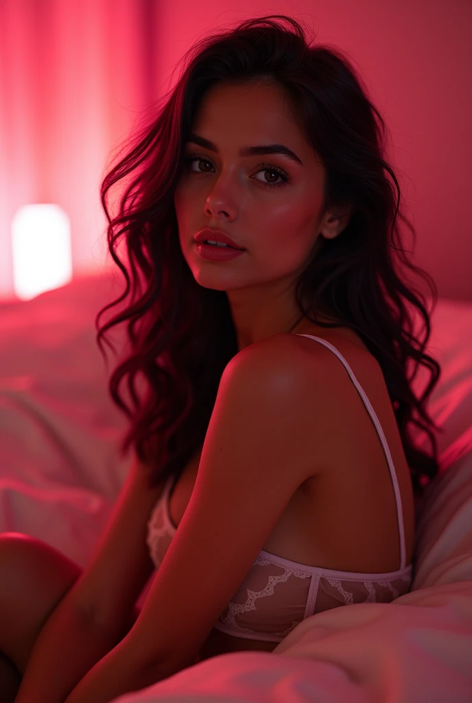 (photorealism:1.2), beautiful woman a pron women with indoor room pink light 