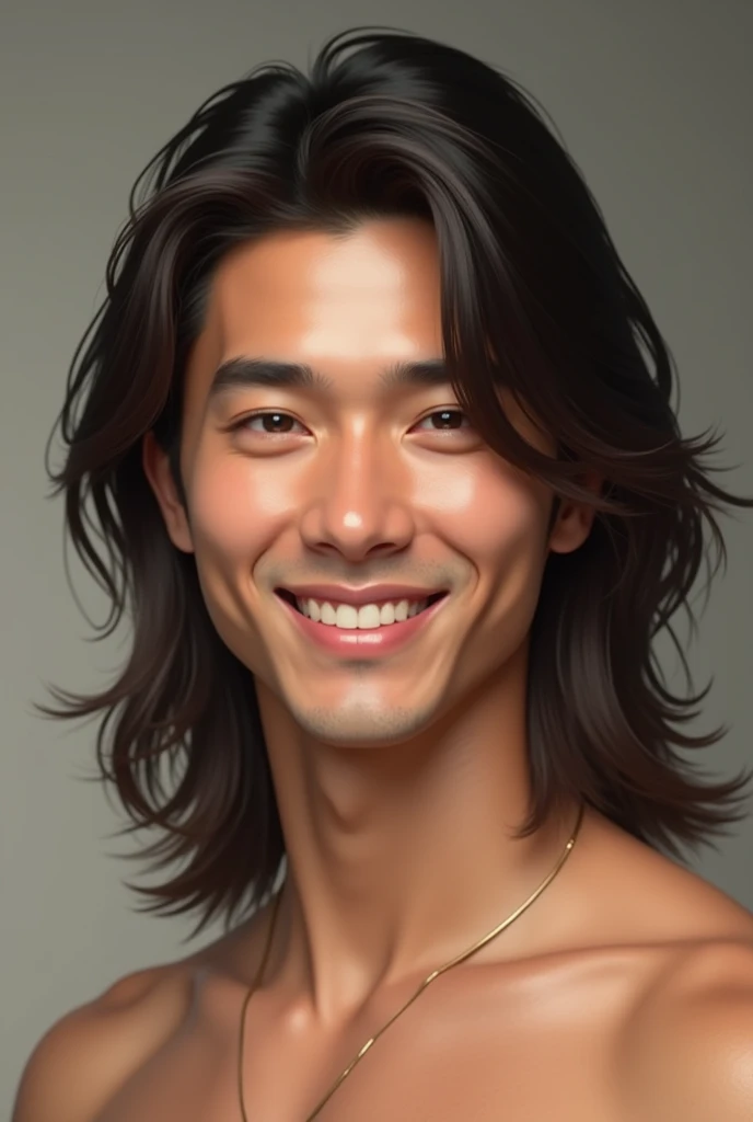 Create a Asian male. Broad shoulders and tall, 6ft. Slanted eyes and pink lips with long hair, brown eyes adorable smile with straight teeth,  has a lean body with soft abs make him look like an adult with realistic features