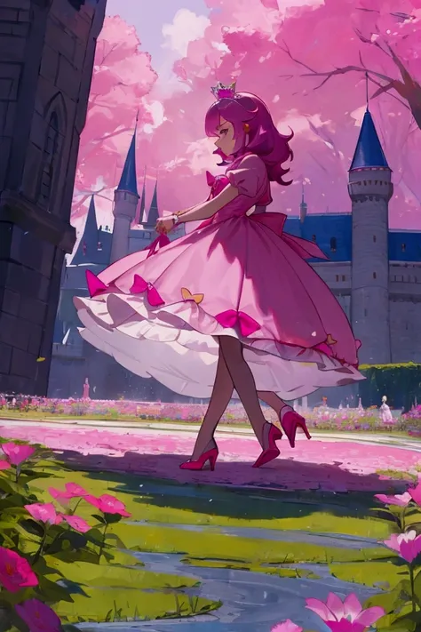 man. he wears a pink childish princess dress with high heels. the man walks in the gardens of a huge castle.