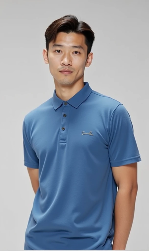 1 man, blue polo shirt, short hair, looking towards the camera,UHD, super detail, textured skin, masterpiece, highres, high quality, best quality