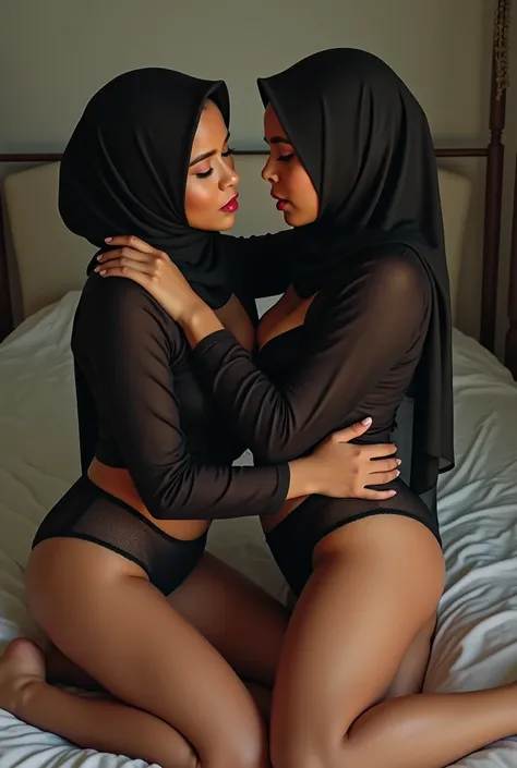 two indonesian hijab ,,wearing bra and panty,laying down on a bed,,slip tongue,riding on top,front view