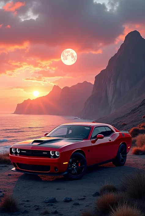 A sea with beautiful sunset and landscape and mountain in the background and a back and red colour dodge challenger on the landscape and a moon on the sky
