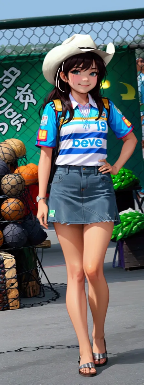 realistic anime illustration of pretty woman at soccer arena, she has black long wavy hair (bangs, white cowboy hat), wears blue and white striped soccer shirt, blue-gray denim pencil skirt, gray sandals, (1girl, solo, full body), (masterpiece, best qualit...