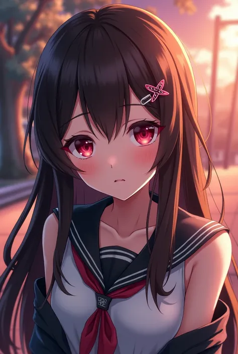 
I am a have long dark brown hair parted with straight cut bangs that are a lighter shade on the bangs I have red eyes,  on her head and uses an “X” shaped clip on her bangs, what complements your look* *anime version*