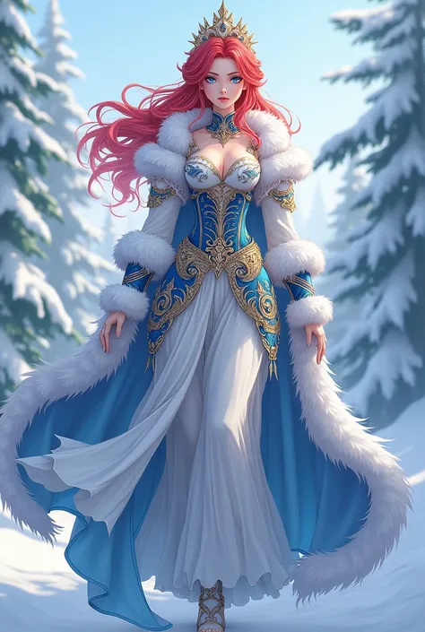 Character sheet, genshin impact character, full body outfit concept, tall woman, princess vibes, from a snowy place, long red hair  outside with pink hair inside, blue eyes, snow princess themed, Russian inspired culture outfit vibes, fancy clothing, gensh...