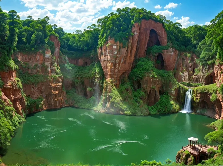 Towering red and brown cliffs dotted with lush green trees，Dominating the scene, Creating a stunning natural amphitheatre. bottom, A tranquil green lake reflects the vibrant landscape. A small pavilion and a simple trail nestle beside the cascading waterfa...