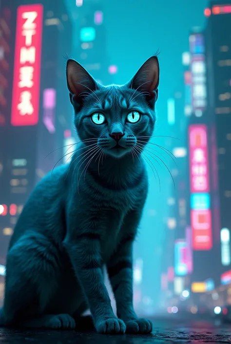 Blue eyes cat backgraund
 green neon the city
