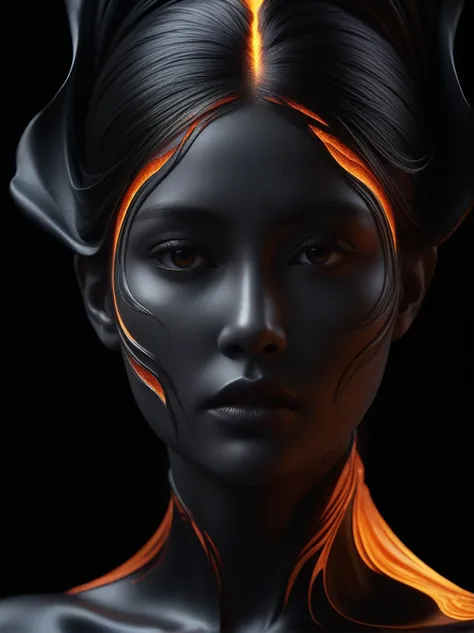 Captivating digital art of a woman, skillfully sculpted from a harmonious blend of cold, unyielding stone and vibrant, flowing molten lava, her form etched with intricate details rendered in hyper-realistic fashion. A stark black background pushes her into...