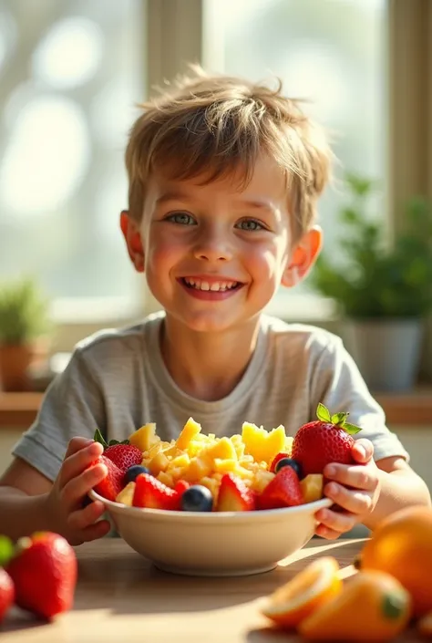 a boy eating Fruit bowl and add text "Fresh & Fruity" with nice font
