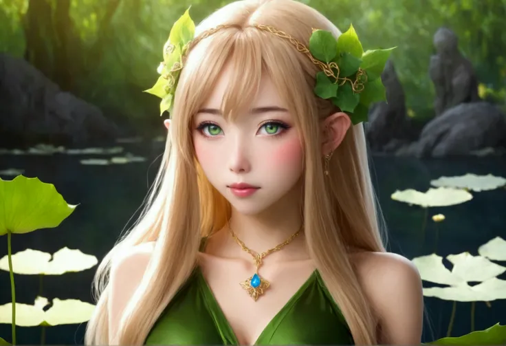 a cute elf (yuna, age 25, lanky, ivy outfit, waist length golden hair, huge green eyes) moves gracefully through a lotus pond, vision of beauty, moonlit night, extra attention to reflections
