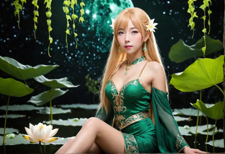 a cute elf (yuna, age 25, lanky, ivy outfit, waist length golden hair, huge green eyes) moves gracefully through a lotus pond, vision of beauty, moonlit night, extra attention to reflections
