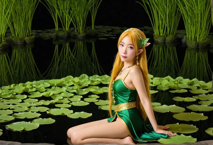 a cute elf (yuna, age 25, lanky, ivy outfit, waist length golden hair, huge green eyes) moves gracefully through a lotus pond, vision of beauty, moonlit night, extra attention to reflections
