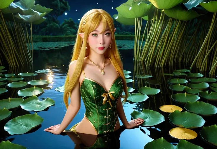 a cute elf (yuna, age 25, lanky, ivy outfit, waist length golden hair, huge green eyes) moves gracefully through a lotus pond, vision of beauty, moonlit night, extra attention to reflections
