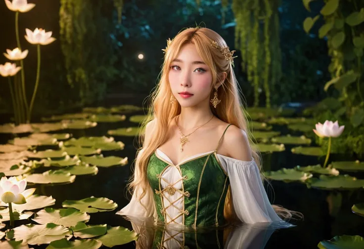 a cute elf (yuna, age 25, lanky, ivy outfit, waist length golden hair, huge green eyes) moves gracefully through a lotus pond, vision of beauty, moonlit night, extra attention to reflections
