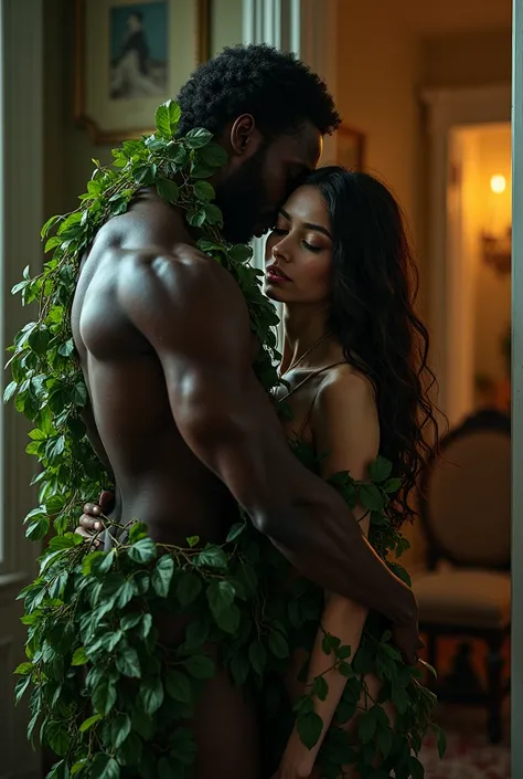 (photorealism:1.2), A black guy dress only in leaves peeked into a house when a woman is staying alone. Make the guy hugged the woman from behind 