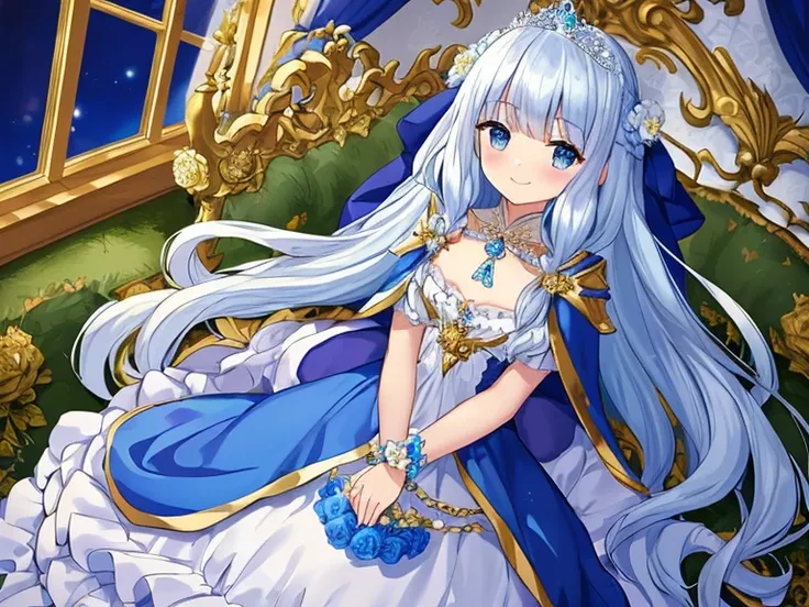 looking at viewer, masterpiece, best quality, rococo style,(long train blue cape:1.2),(long train white ball gown with flower decorations:1.1), a girl is wearing a cape over her dress, 1 little princess, tiara, kind smile, very long hair, small breasts