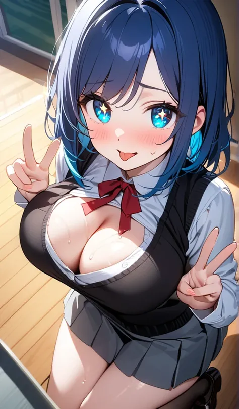 (One Girl),(Best image quality, 8k, masterpiece:1.3),((Blue Hair Medium Hair:1.1)),(Swept-apart bangs,), (Cute eyes, Turquoise Eyes,Sparkling eyes,Sparkling eyes), (thin), (Large Breasts),(Glowing Skin:1.1),(Pale skin:1.2),(Sweat),(A fantastic atmosphere),...