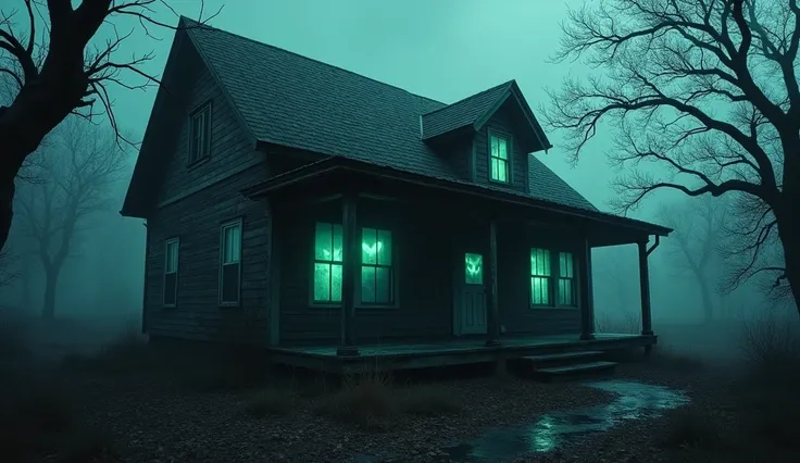 Haunted bungalow with glowing eyes.