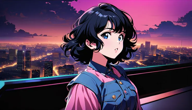 Japanese female singer from the 80s, 1980s Japanese fashion denim style, city-pop cute style, looking away voluminous bob hair style, black hair, bang hair, round white face, pure image, frontal shot, --v 6.0 background vibrant, cityscape, night view obser...