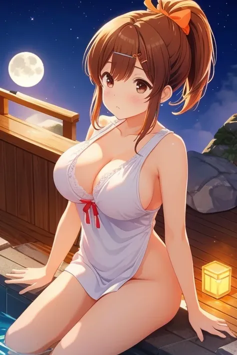 ponytail、super big breasts、orange ribbon、tsukimi、full moon in the background、outdoor hot spring、looking this way、highest quality...