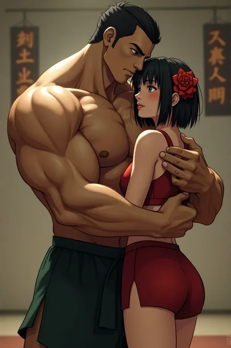 The image youve provided depicts a muscular male character holding a smaller female character close. Heres a detailed description that you can use for future AI text-to-image generations, maintaining these two characters:

- **Male Character**: A tall, ext...