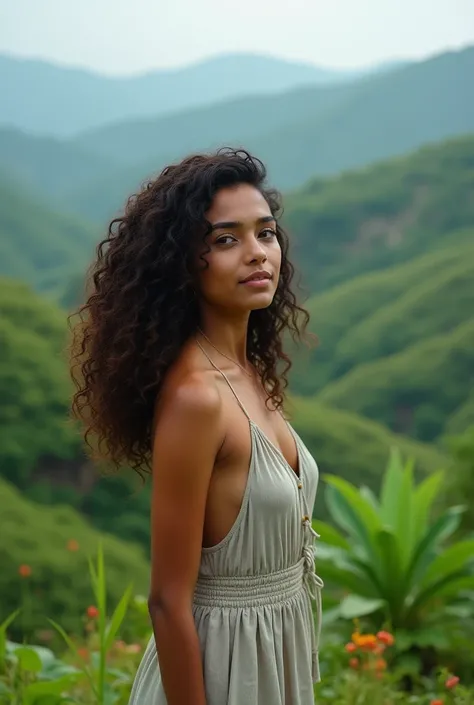 A  girl with curly hair in top of hill in Kerala taking a realistic photo