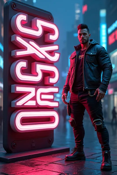 A visually stunning and mesmerizing 3D text logo called "Gangstereo" exudes cyberpunk affiliation and mystery. Next to the text stands a cyberpunk guy with an athletic figure, looking straight into the camera.