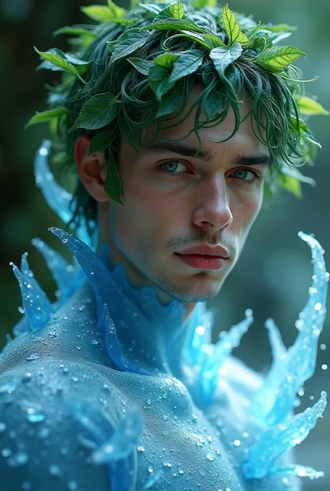 Close up details of a man with leaves as hi hair, his body is made out of blue shinny ice beaded with crystal droplets of water in a scenic area for fantasy 