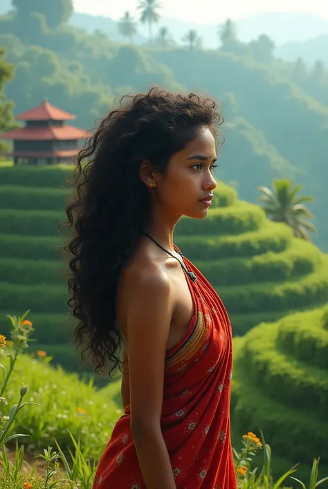 A  kerala girl with curly hair in top of hill in Kerala taking a realistic photo