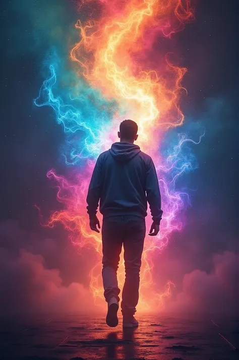 a colorful aura of a guy walking towards something. he has turned his back to the viewer. Its just an aura in his form.