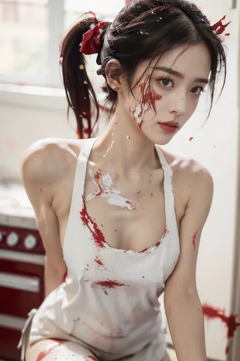 (((best quality))),(((ultra detailed))),(((masterpiece))),illustration,((a stunning girl,solo)),(short ponytail:1.2),((slim,thin)),((small breasts,flat chest)),((awkwardly,painful,embarrassed)),(In a dark Barbecue Kitchen:1.3),(white apron splattered with ...