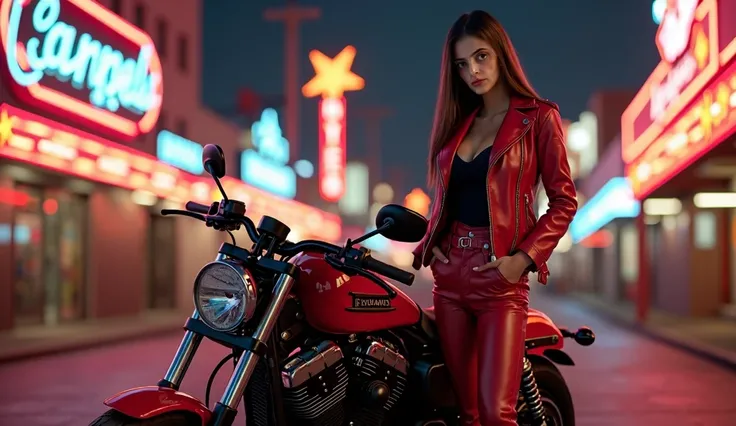 "(((amber2))), a female model with long brown-black straight hair, no nudity, standing confidently beside her sleek motorcycle on a vintage Las Vegas street. She is dressed in a stylish red leather jacket, fully zipped, and matching leather pants, giving h...