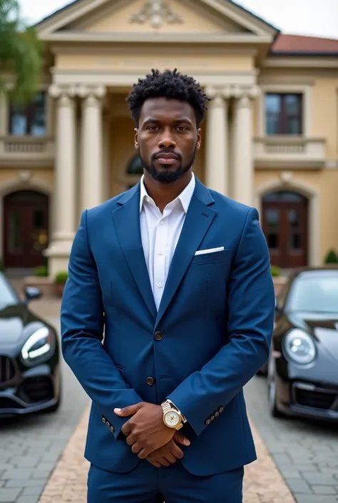 Rich man with short curly black hair and blue suit with a Rolex on his wrist in front of his luxury villa with his cars