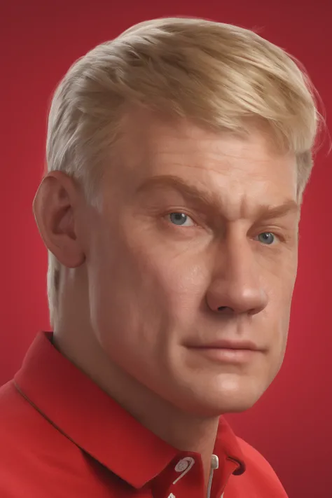 3D hyper-realistic portrait of a man with a neutral expression, blonde short hair, wearing a classic polo shirt, medium build, lifelike skin texture, detailed facial structure, against a vibrant red background, front-facing angle.