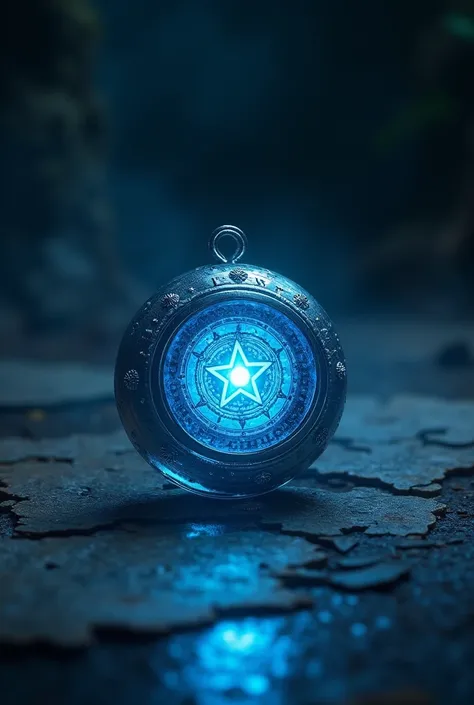 amulet, multiple layers of ancient seals, fallen on the floor, orb-shaped shape made of crystal, symbol of a star, palm size, dark blue glow, silver rim, best qualityer, detail, night-time