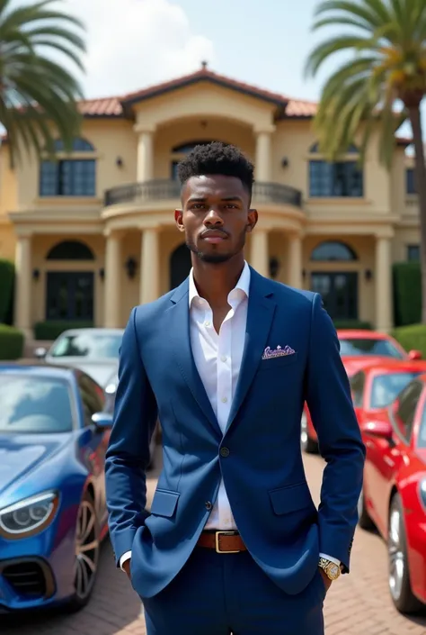 Rich young man with short curly hair and blue suit with a Rolex on his wrist in front of his luxury villa with his cars