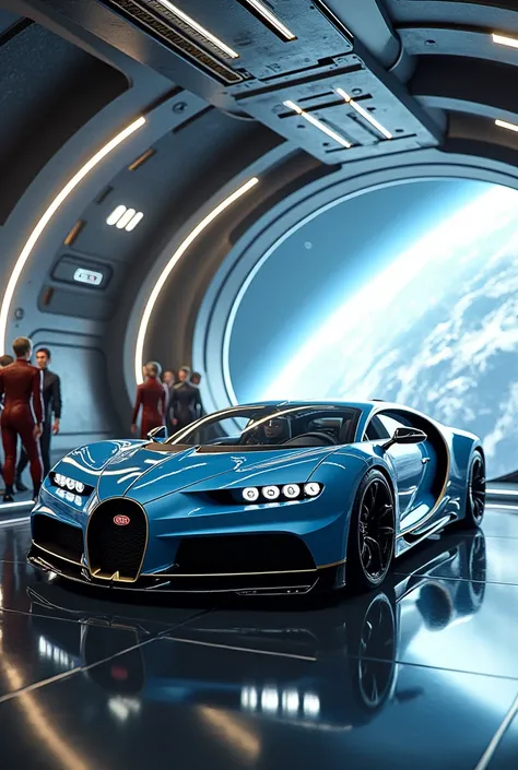 Generate Bugatti in futuristic spaceship background with some people 