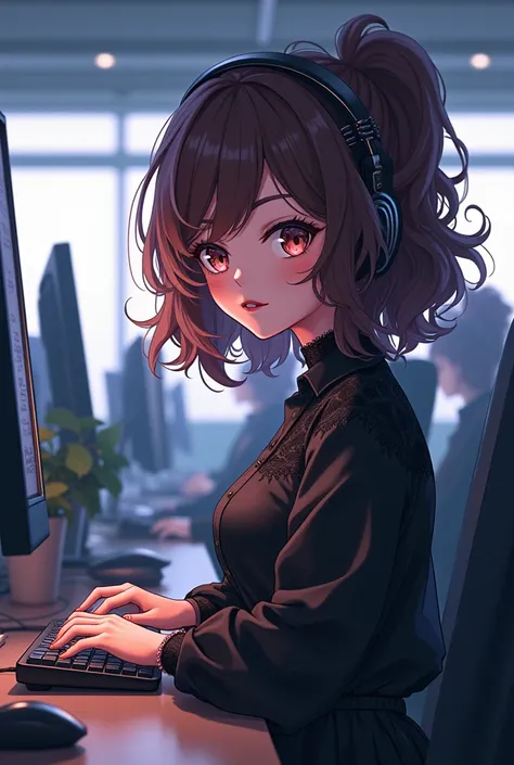 I wanna create an anime girl working at a call center has brown curly hair hazel eyes shes goth and cute